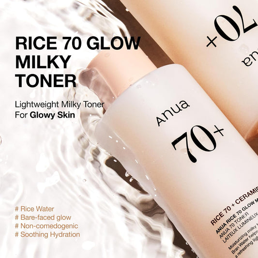Anua Rice 70 Glow Milky Toner With Rice Water Niacinamide And Ceramides For Hydration And Barrier Support 8.45 Fl Oz