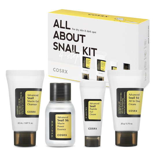 COSRX All About Snail Mucin Travel Gift Set Mini Skincare Kit With Gel Cleanser Serum Moisturizer And Eye Cream